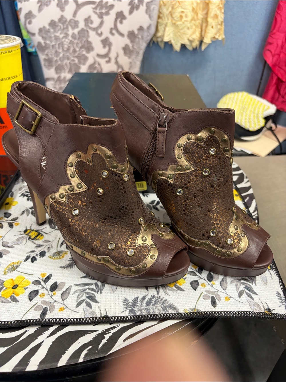 Reba Brown Peep-Toe Studded Ankle Booties
